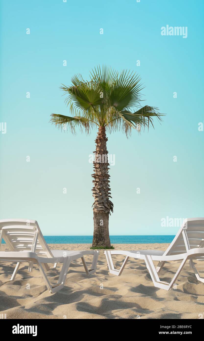 spiaggia sabbiosa con lettini bianchi e foglie di palma, vacanza in stile resort, foto verticale Foto Stock