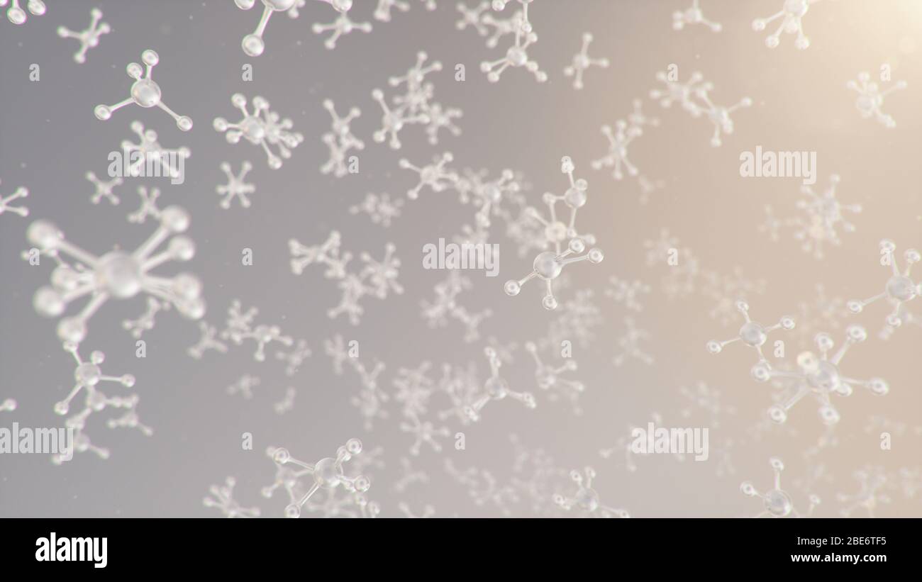 Struttura molecolare con illustrazione 3D. Chimica molecolare, sfondo con elemento molecolare dell'atomo. Background medico. Genoma al molecolare Foto Stock