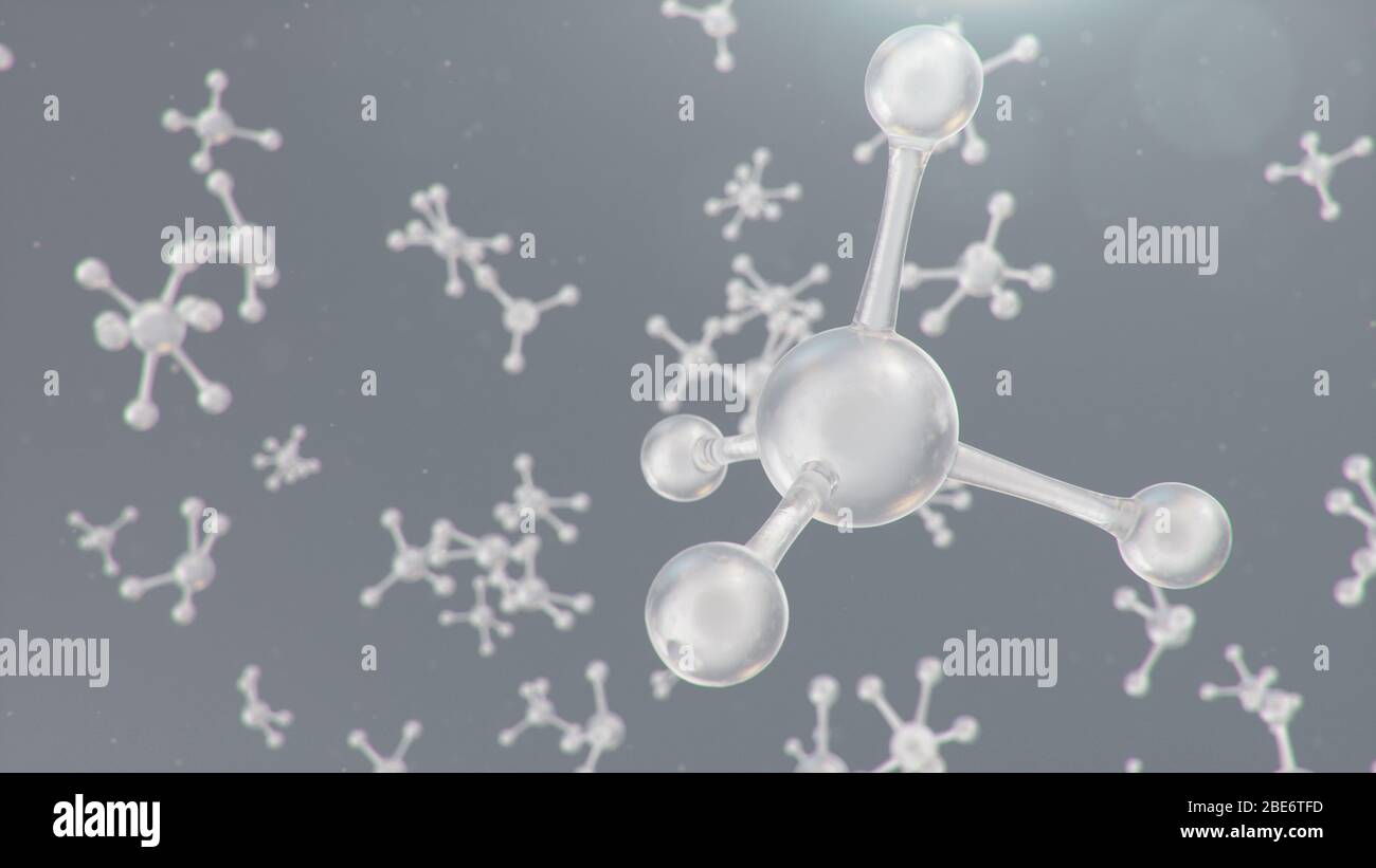 Struttura molecolare con illustrazione 3D. Chimica molecolare, sfondo con elemento molecolare dell'atomo. Background medico. Genoma al molecolare Foto Stock