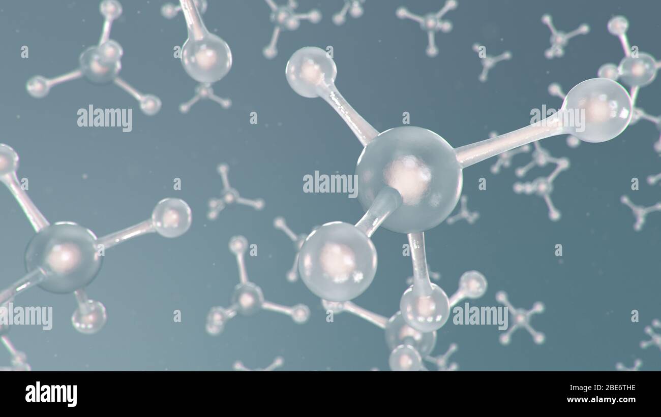 Struttura molecolare con illustrazione 3D. Chimica molecolare, sfondo con elemento molecolare dell'atomo. Background medico. Genoma al molecolare Foto Stock