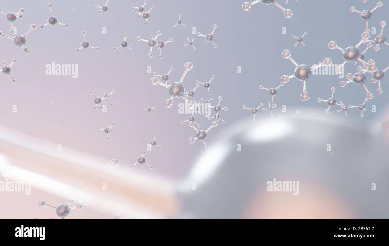 Struttura molecolare con illustrazione 3D. Chimica molecolare, sfondo con elemento molecolare dell'atomo. Background medico. Genoma al molecolare Foto Stock