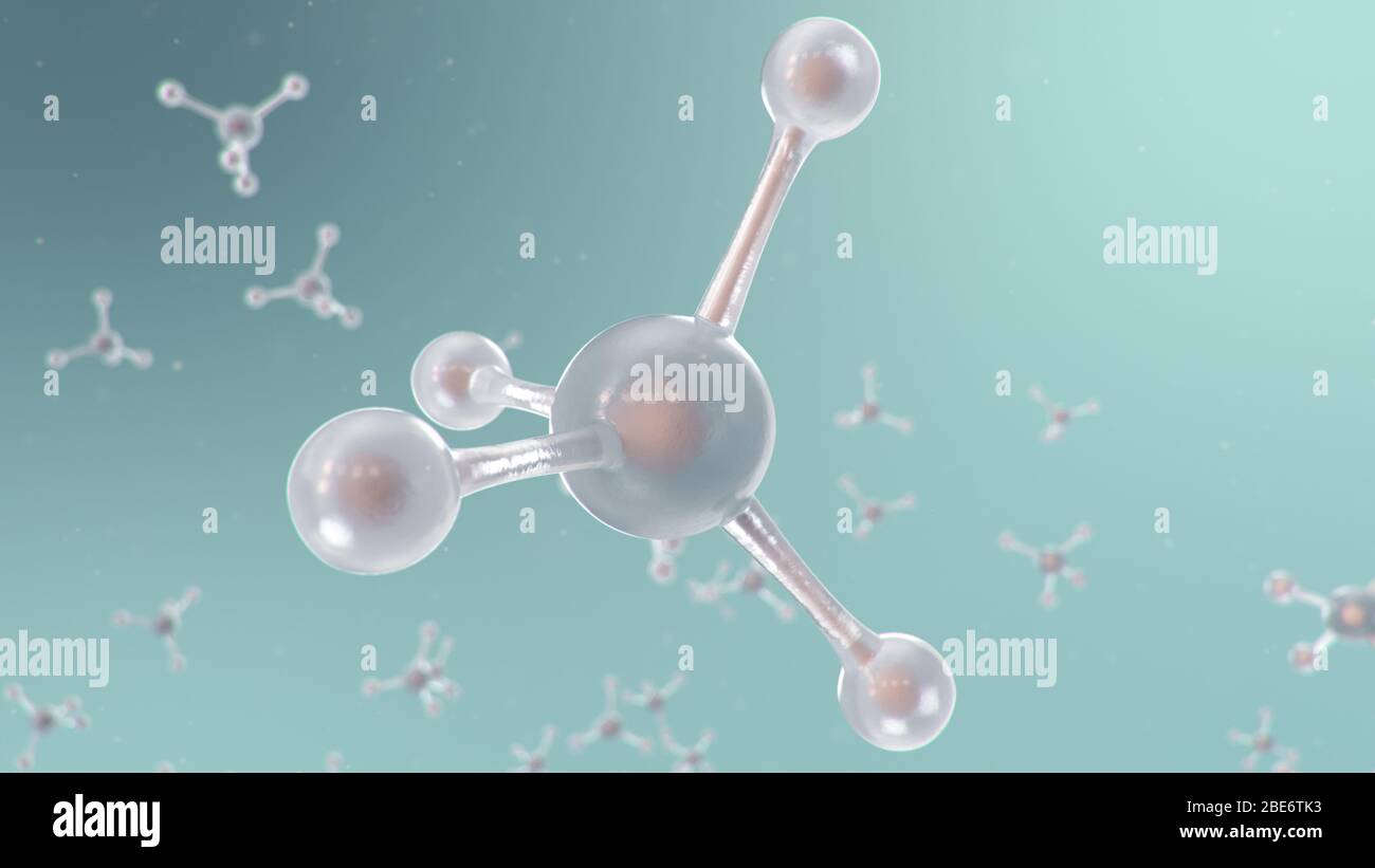 Struttura molecolare con illustrazione 3D. Chimica molecolare, sfondo con elemento molecolare dell'atomo. Background medico. Genoma al molecolare Foto Stock