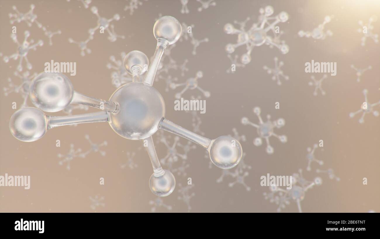 Struttura molecolare con illustrazione 3D. Chimica molecolare, sfondo con elemento molecolare dell'atomo. Background medico. Genoma al molecolare Foto Stock