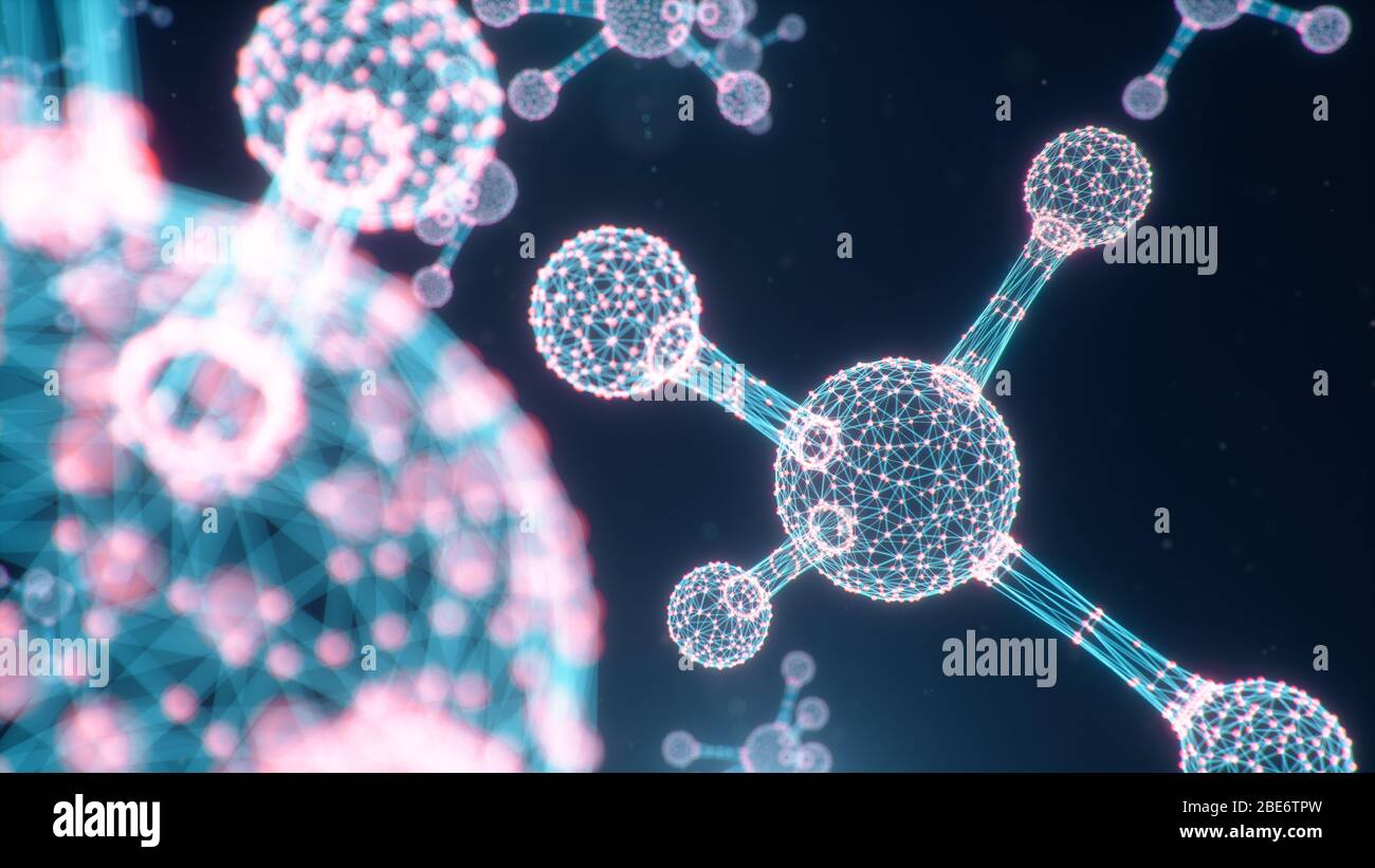 Molecole digitali, atomi bacground. Struttura della griglia, linee di connessione e punti. Chimica delle molecole di linee e punti di connessione, illustrazione 3D Foto Stock