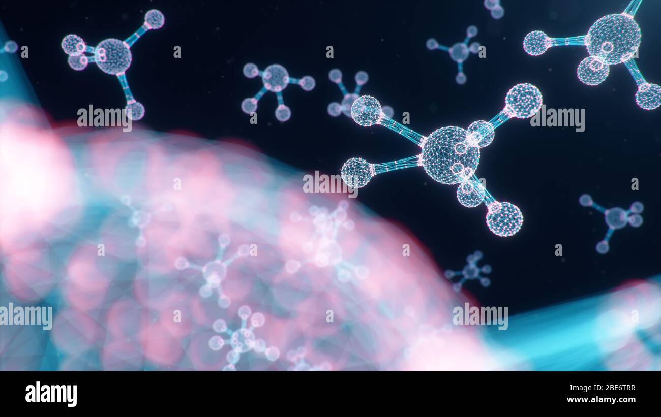 Molecole digitali, atomi bacground. Struttura della griglia, linee di connessione e punti. Chimica delle molecole di linee e punti di connessione, illustrazione 3D Foto Stock