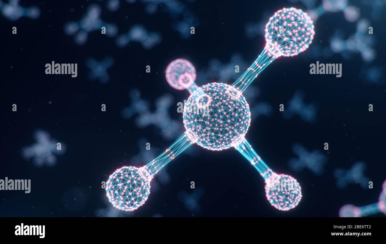Molecole digitali, atomi bacground. Struttura della griglia, linee di connessione e punti. Chimica delle molecole di linee e punti di connessione, illustrazione 3D Foto Stock