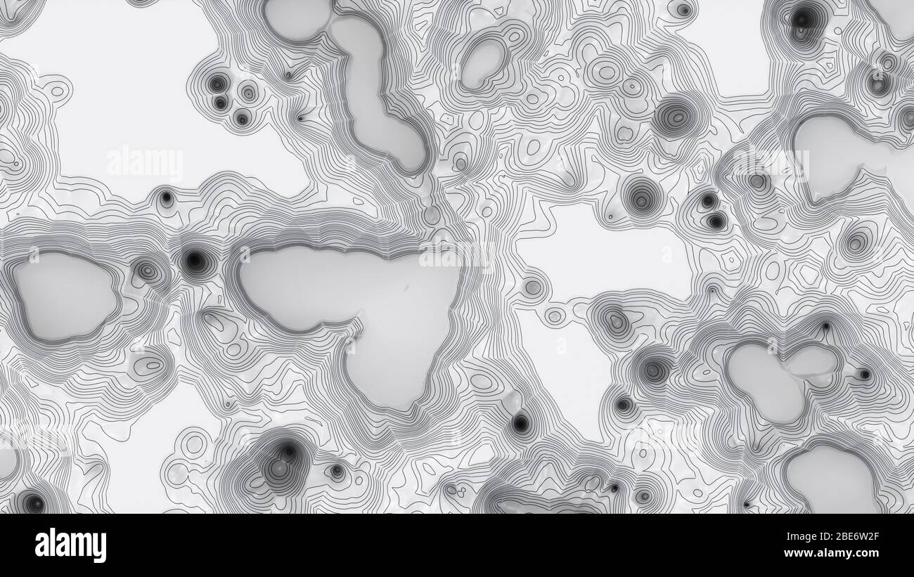 Mappa topografica tridimensionale bianca. Linee di contorno su una mappa topografica. Studiare la geografia della zona: Colline, montagne e pianure Foto Stock
