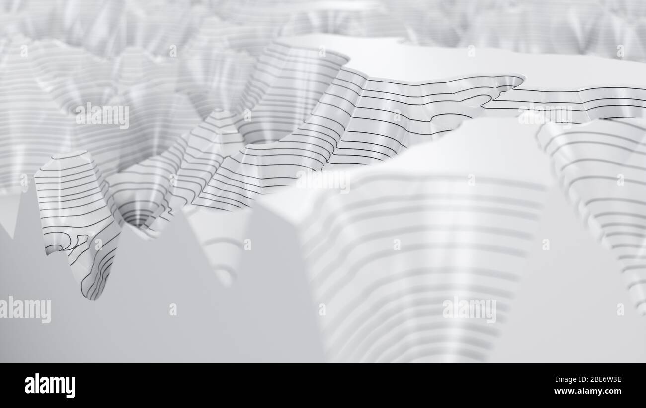 Mappa topografica tridimensionale bianca. Linee di contorno su una mappa topografica. Studiare la geografia della zona: Colline, montagne e pianure Foto Stock