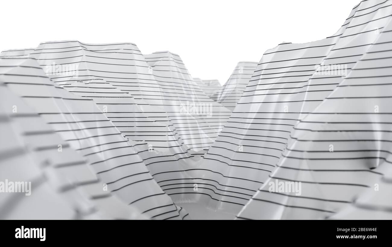 Mappa topografica tridimensionale bianca. Linee di contorno su una mappa topografica. Studiare la geografia della zona: Colline, montagne e pianure Foto Stock