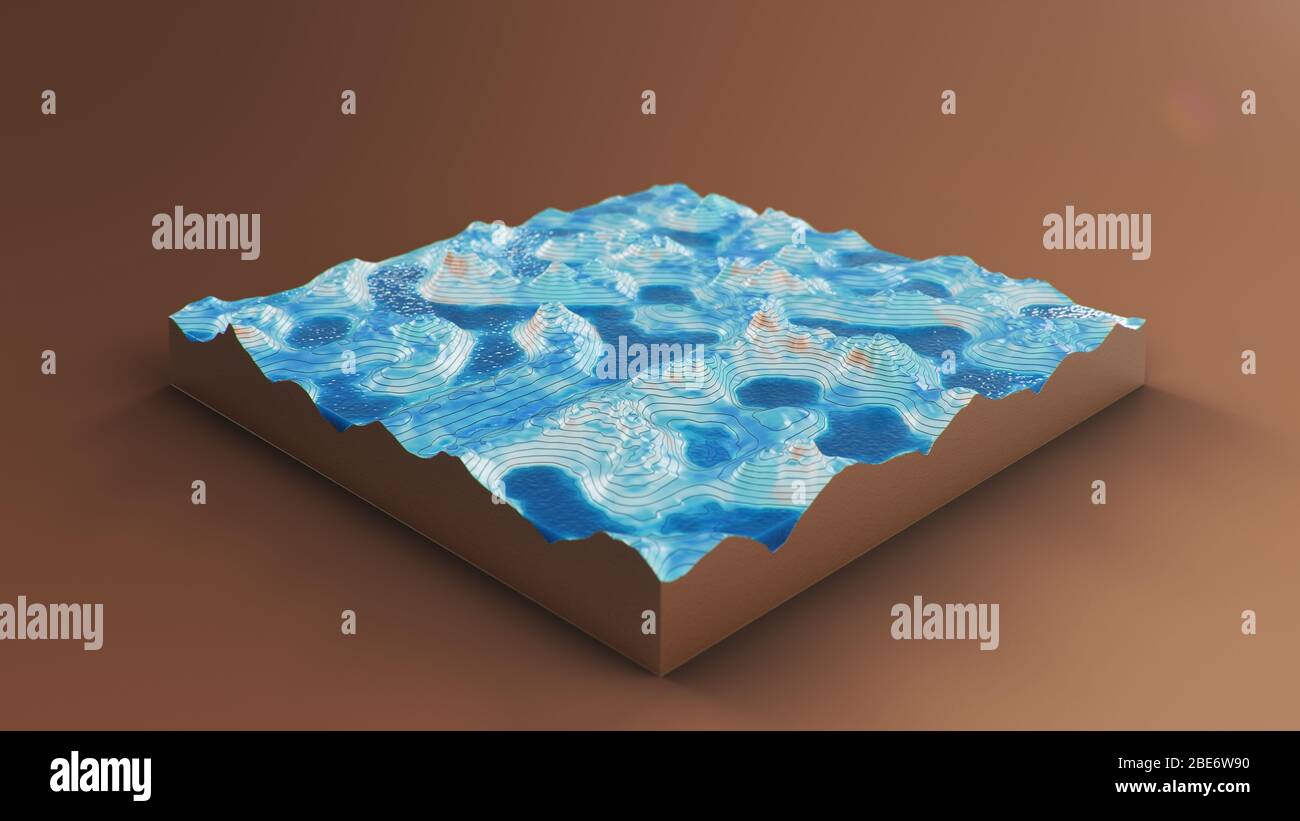 Mappa topografica 3D a sezione trasversale con acqua. Linee di contorno su una mappa topografica. Studiare la geografia della zona: Colline, montagne e pianure Foto Stock