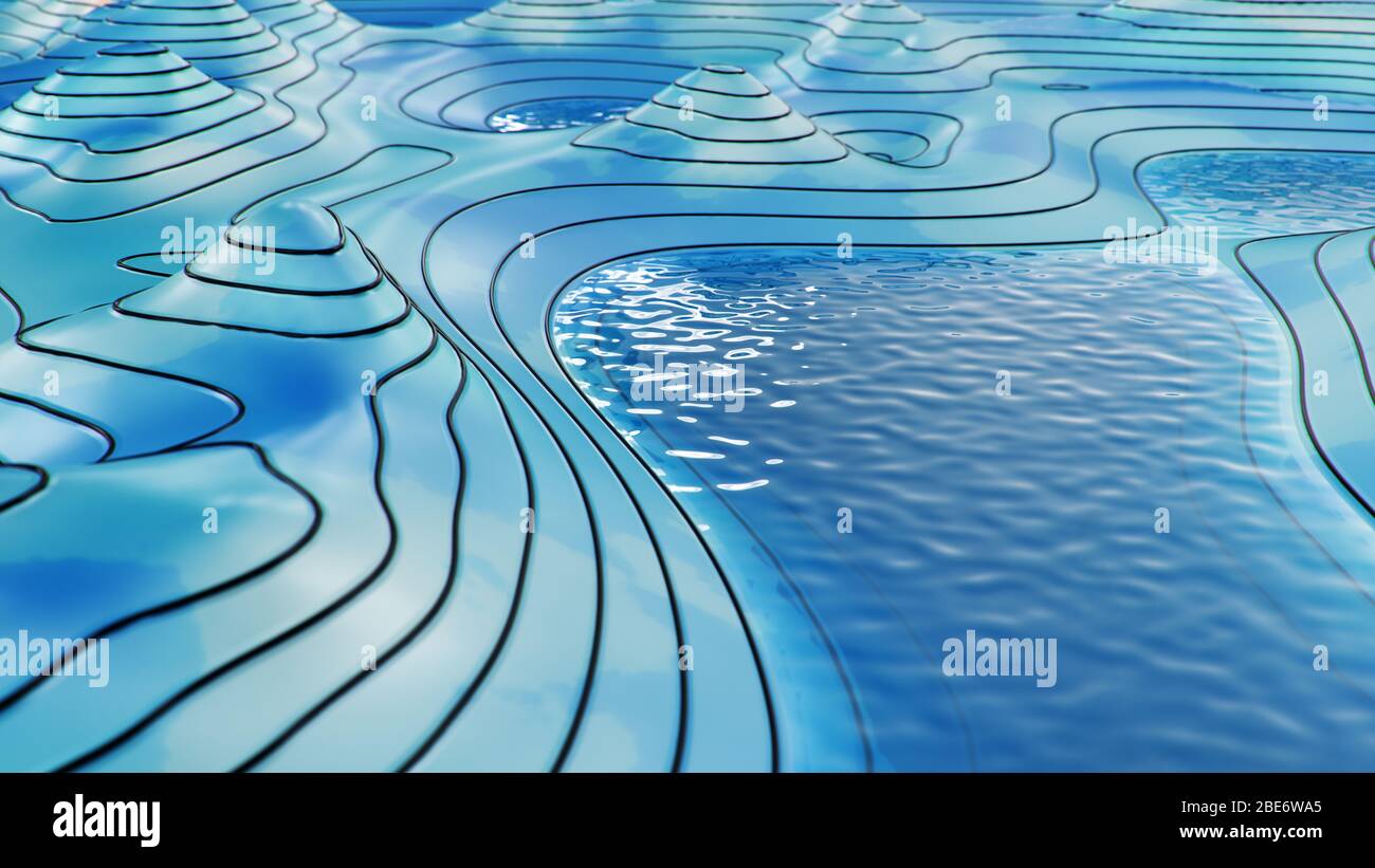 Mappa topografica 3D con acqua. Linee di contorno su una mappa topografica. Studiare la geografia della zona: Colline, montagne e pianure. Cartografia Foto Stock