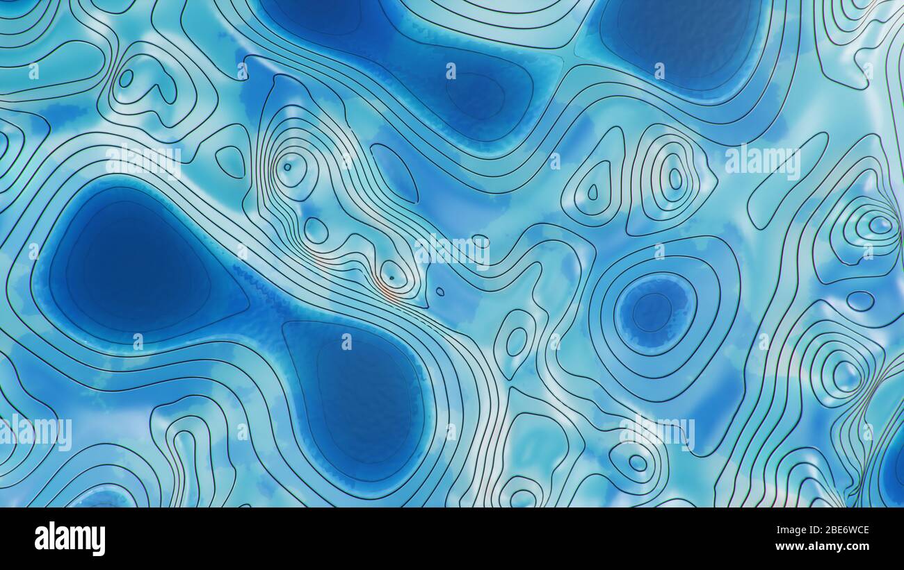 Mappa topografica 3D con acqua. Linee di contorno su una mappa topografica. Studiare la geografia della zona: Colline, montagne e pianure. Cartografia Foto Stock