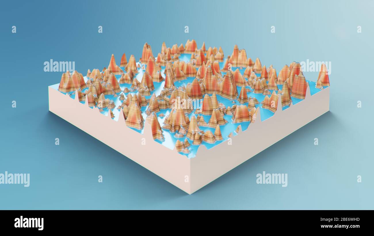 Mappa topografica 3D a sezione trasversale. Linee di contorno su una mappa topografica. Studiare la geografia della zona: Colline, montagne e pianure. Mappa cartografica Foto Stock