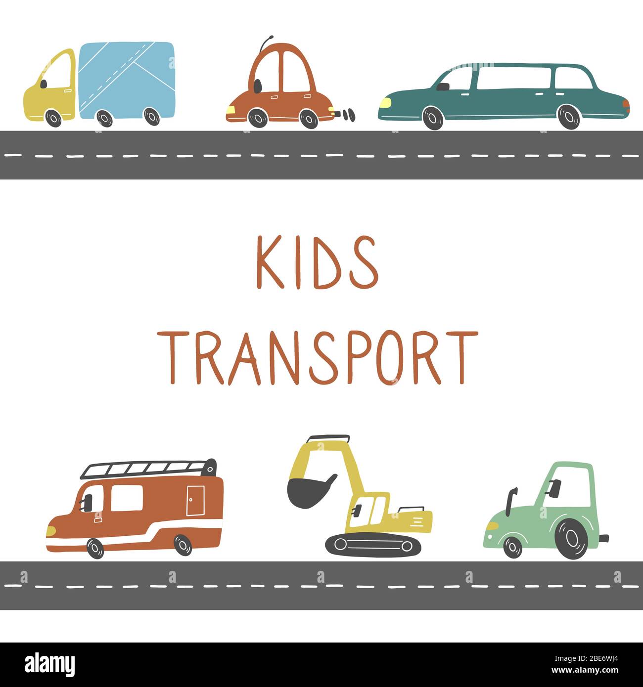 Set di cartoni animati carini e automobili in stile giocattolo e altri trasporti, camion, camion, nave, escavatore, autobus. Illustrazione del vettore isolato. Illustrazione Vettoriale