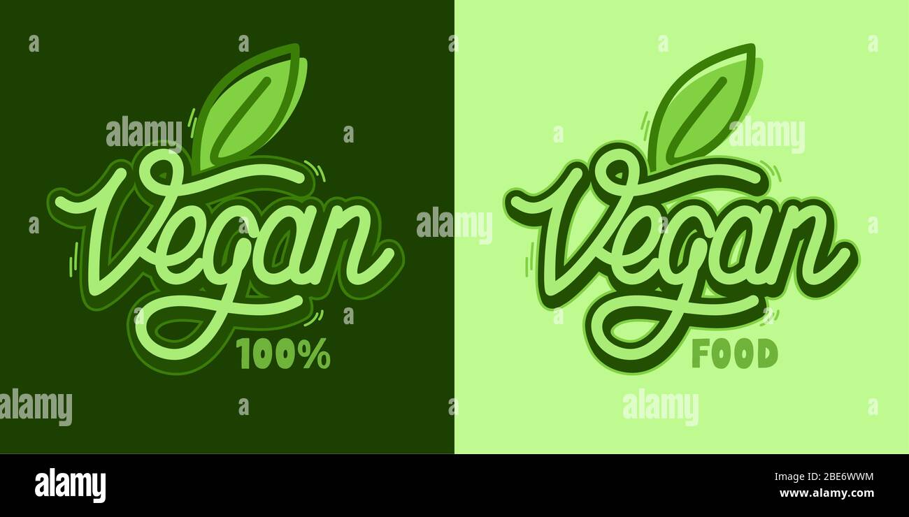 Testo di Vegan di parola con mano di foglia verde scritto la tipografia del vettore Illustrazione come logotipo, distintivo ed icona, cartolina, scheda, invito, volantino, banner Illustrazione Vettoriale