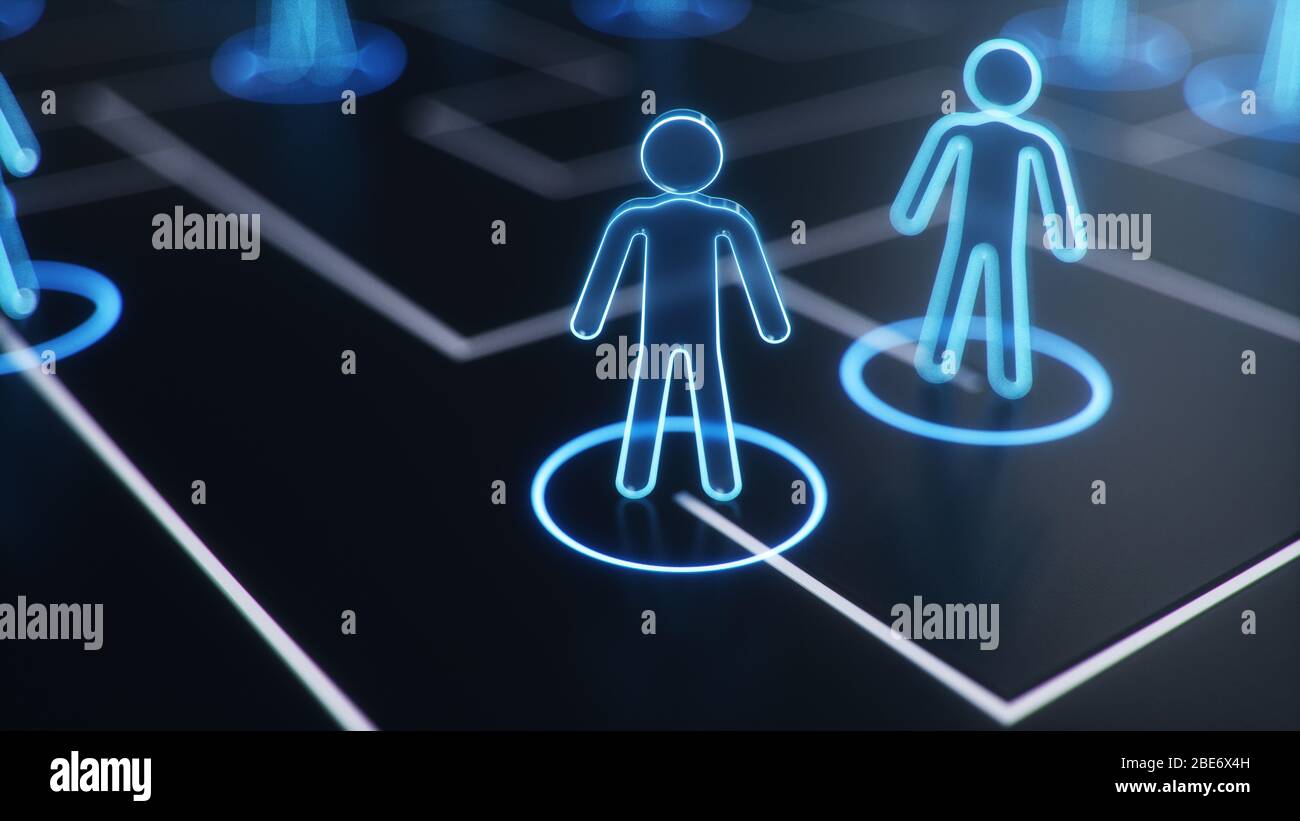 Struttura di rete tra persone, scambio di dati. Il concetto di intelligenza collettiva. La rete umana. Scambio di informazioni, 3d Foto Stock
