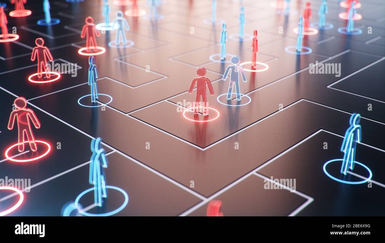 Struttura di rete tra persone, scambio di dati. Il concetto di intelligenza collettiva. La rete umana. Scambio di informazioni, 3d Foto Stock
