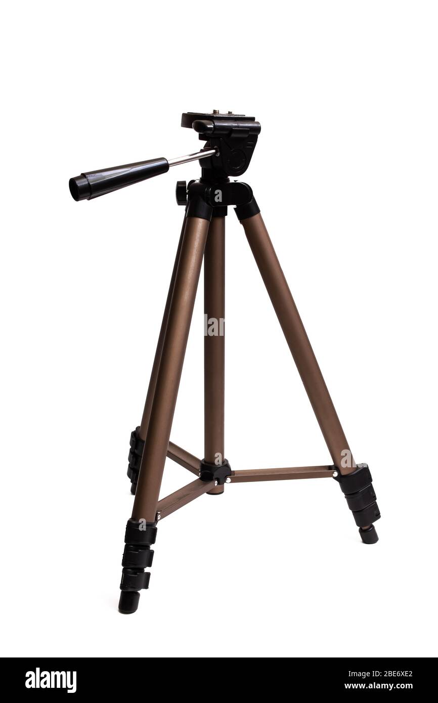 Treppiede per la fotocamera isolato su sfondo bianco Foto Stock