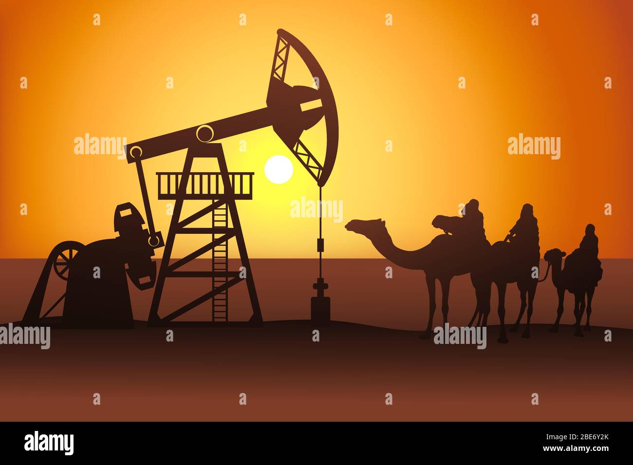 I piloti di pompjack e cammelli di petrolio silhouette vettoriale illustrazione. Pozzo di petrolio nel deserto arabo. Illustrazione Vettoriale