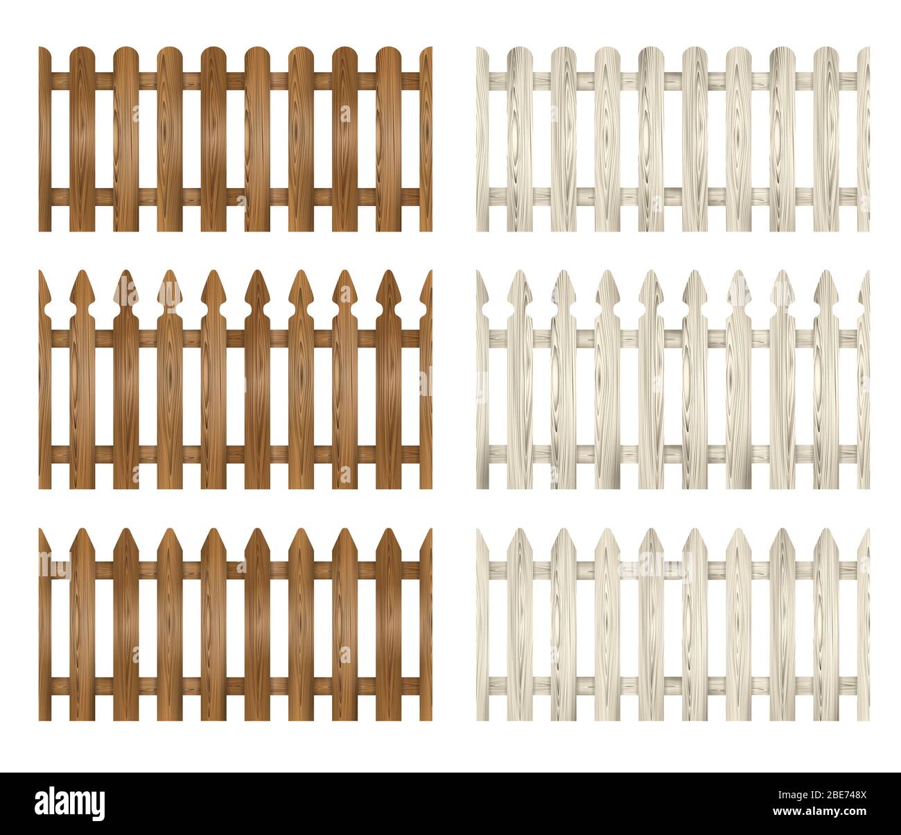 Set di recinzione in legno. Illustrazione senza cuciture di recinzioni bianche e marroni Foto Stock