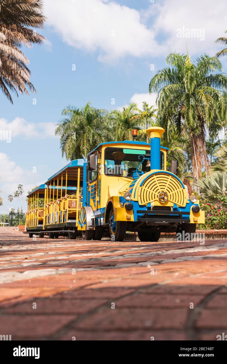 treno turistico, blu e giallo in un parco pronto a partire senza persone in un bellissimo parco Foto Stock