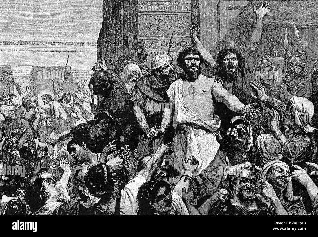 Dacci Barabba - Gerusalemme che gridava per liberare Barabba e crocifiggere Gesù Cristo Foto Stock
