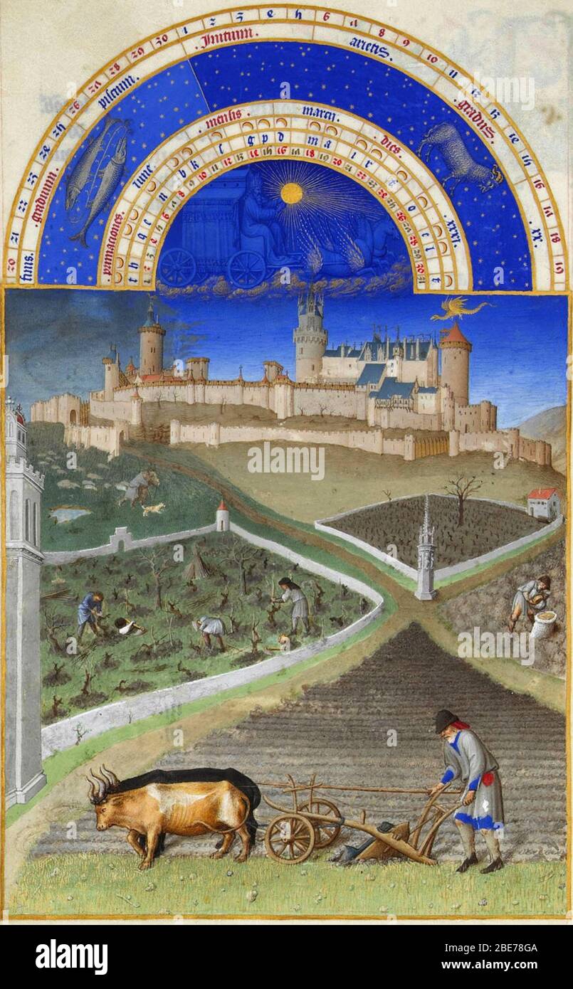 Marzo - in primo piano, un contadino arava un campo con un aratro tirato da due buoi, l'uomo che li guidava con un lungo goatee. I viticoltori potano la vite in un recinto a sinistra e arano il terreno con un zappa per aerare il terreno: Questi sono i primi modi della vite. A destra, un uomo si appoggia su un sacco, probabilmente per disegnare alcuni semi che poi semina. Infine, sullo sfondo, un pastore prende il cane che custodisce il suo gregge. Sullo sfondo è il castello di Lusignan (Poitou), proprietà del Duca di Berry che lo ha fatto modernizzare. Sulla destra della foto, sopra la torre Poitou, un Foto Stock