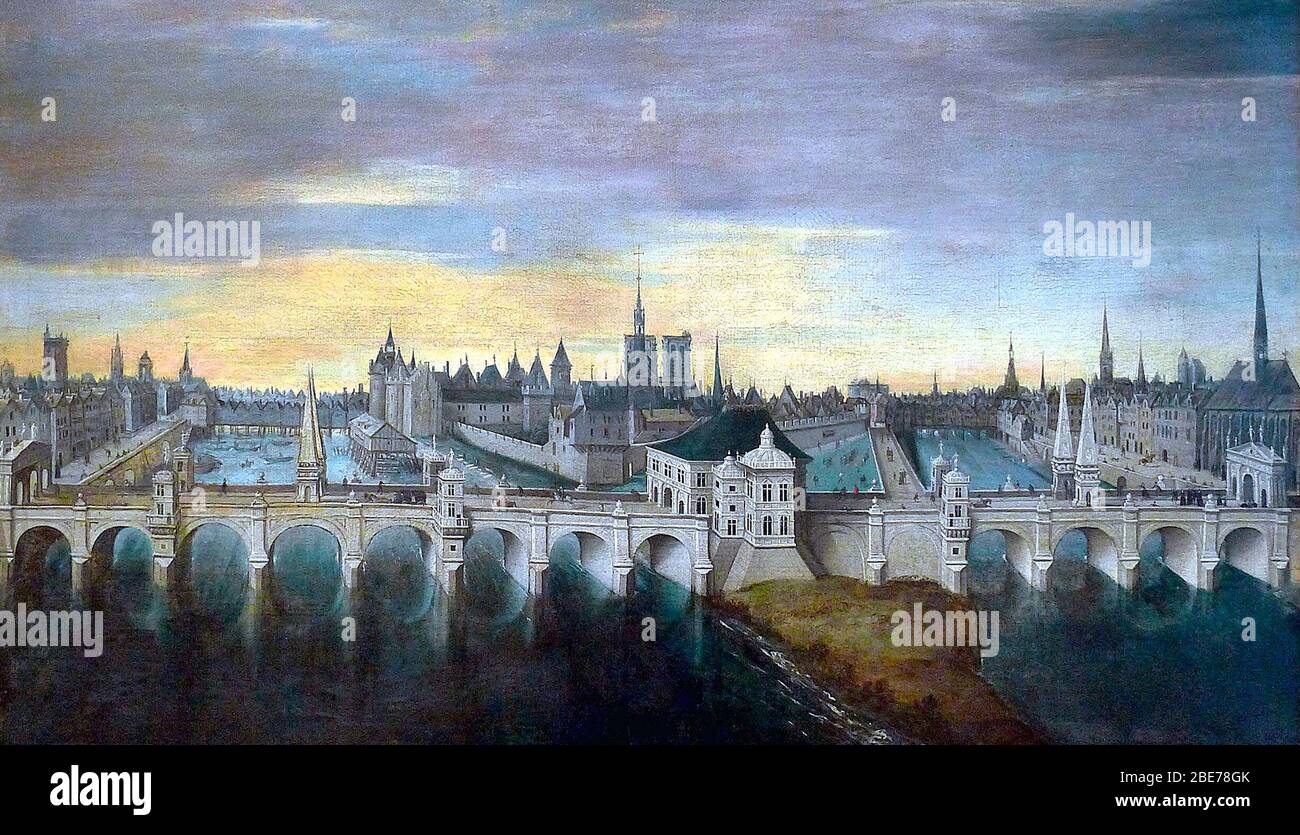 Projet pour le Pont-Neuf - Pittura del progetto Pont Neuf approvato da Re Enrico III nel 1578. Il ponte fu completato nel 1607 con un design meno ornato. Foto Stock