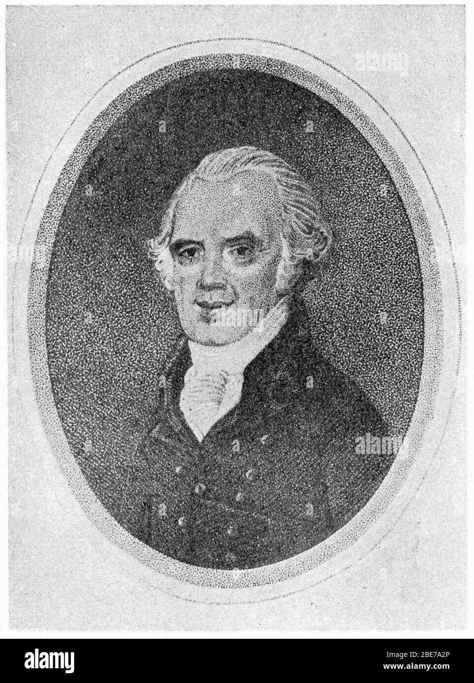 Ritratto inciso di Isaiah Thomas (1749 – 1831) editore e autore di giornali americani. Thomas eseguì la prima lettura pubblica della Dichiarazione di Indipendenza a Worcester, Massachusetts, e riferì il primo resoconto delle battaglie di Lexington e Concord. Fondatore della Società Anticharia americana. Foto Stock