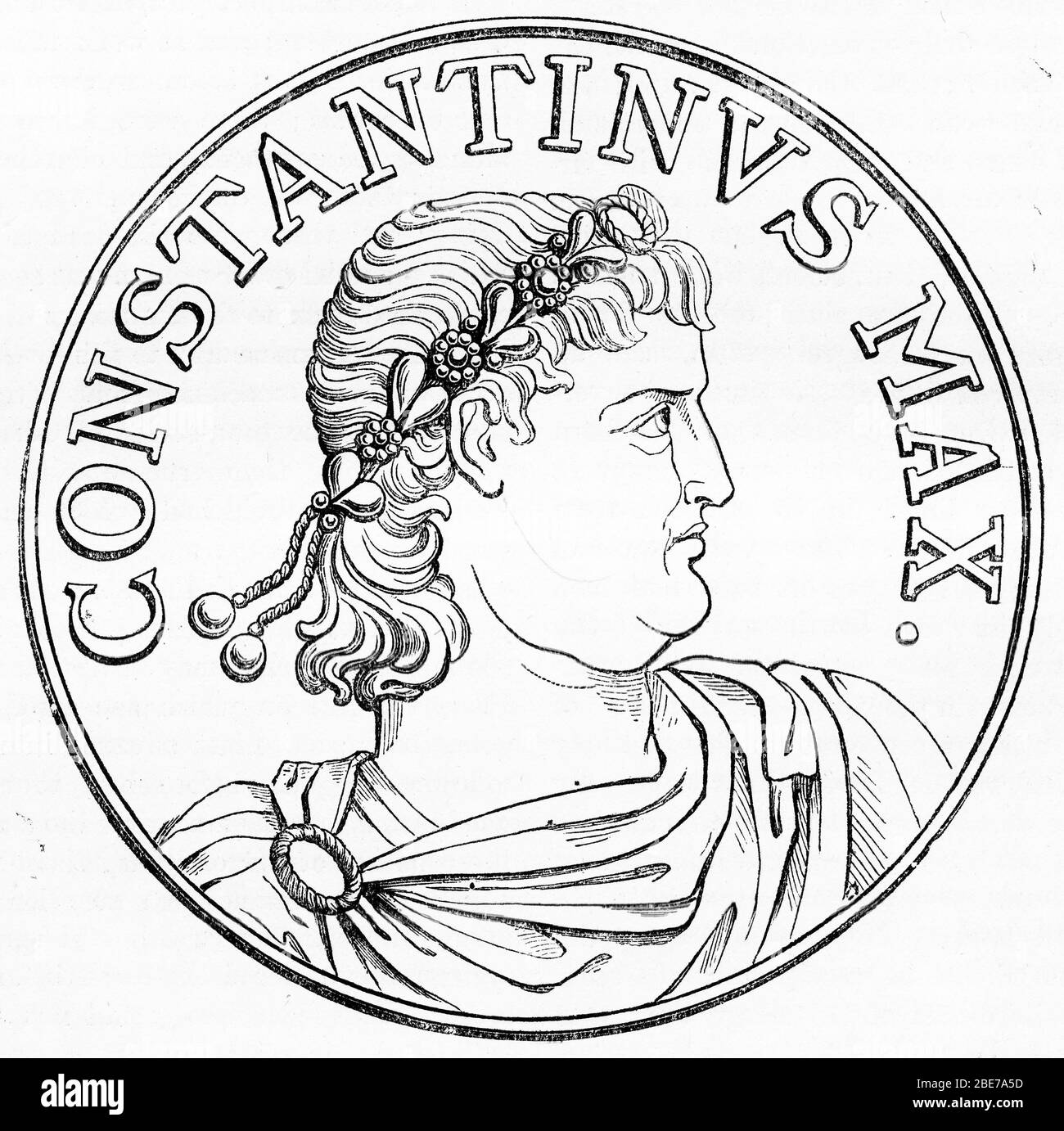 Ritratto inciso di Costantino il Grande (272 - 337), conosciuto anche come Costantino i, un imperatore romano che governò tra il 306 e il 337 d.C. Foto Stock
