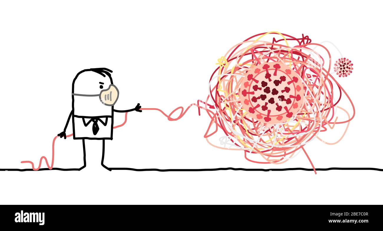 Uomo Cartoon disegnato a mano che indossa maschera che sgroviglia un nodo grande con virus all'interno Illustrazione Vettoriale