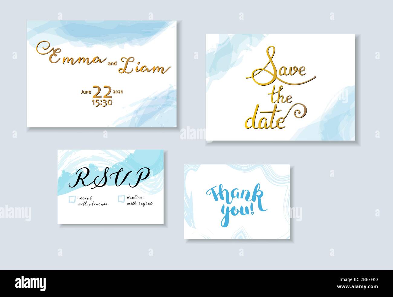 Set di inviti Vector Wedding con le carte Save the Date, RSVP e Thank You, adatto per la stampa a caldo, con elegante letteting e acquerello Illustrazione Vettoriale