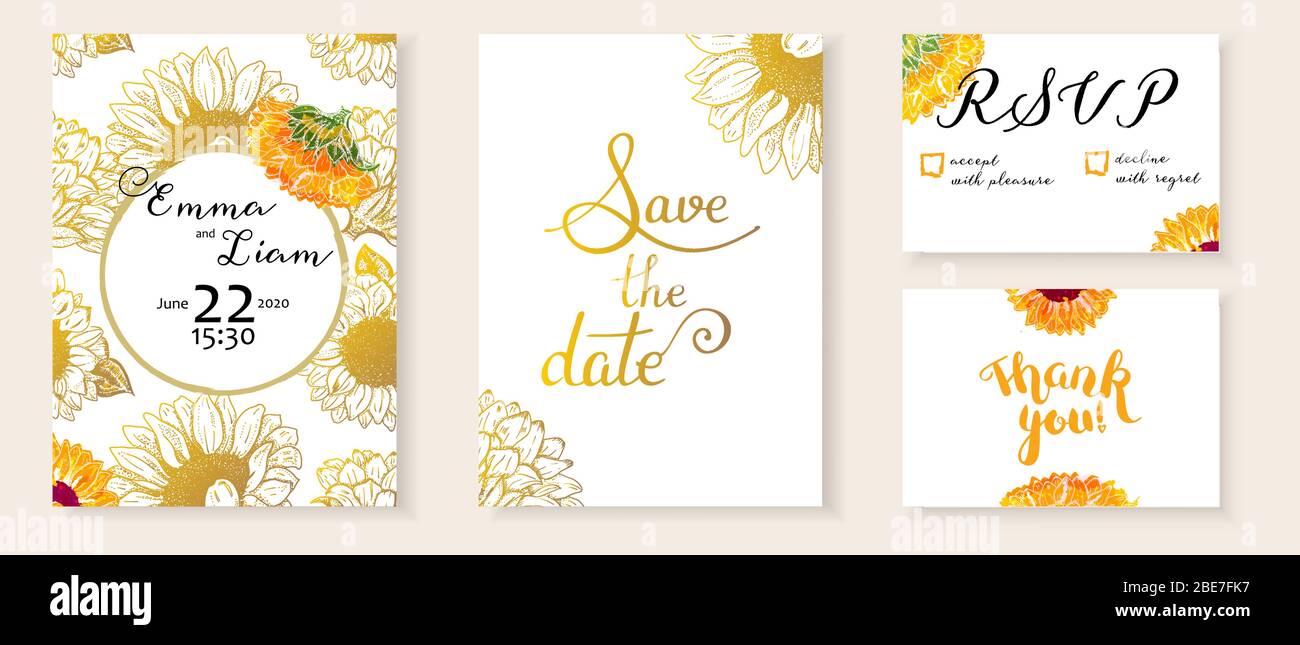 Set di inviti Vector Wedding con le carte Save the Date, RSVP e Thank You, adatto per la stampa a caldo, con letteting e elegante acquerello Illustrazione Vettoriale