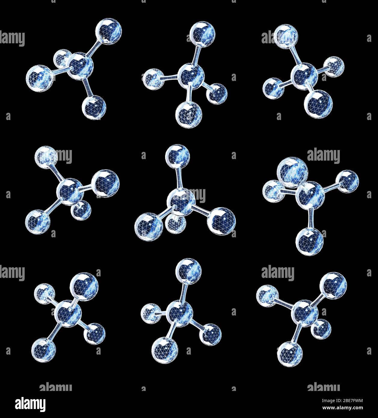 Raccolta di modelli di struttura molecolare astratta. Vista da diverse angolazioni. Isolato su sfondo nero. rendering 3d Foto Stock