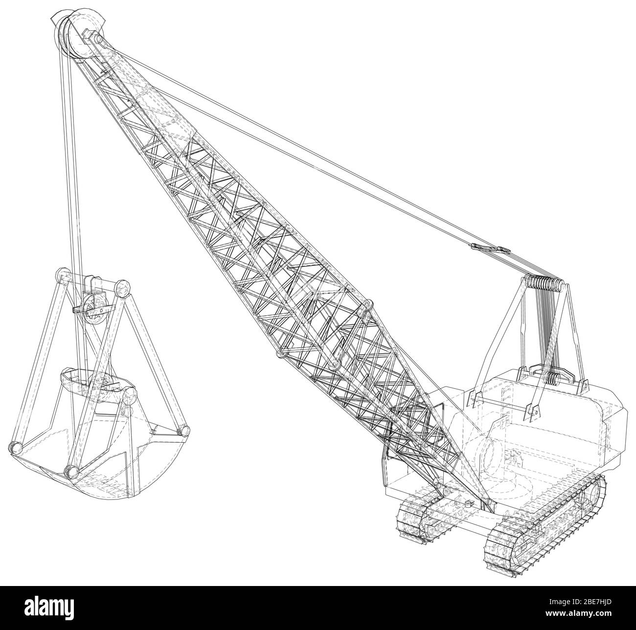 Dragline per miniere di carbone usate. La benna è enorme. I livelli delle linee visibili e invisibili vengono separati. Telaio a filo. Illustrazione Vettoriale