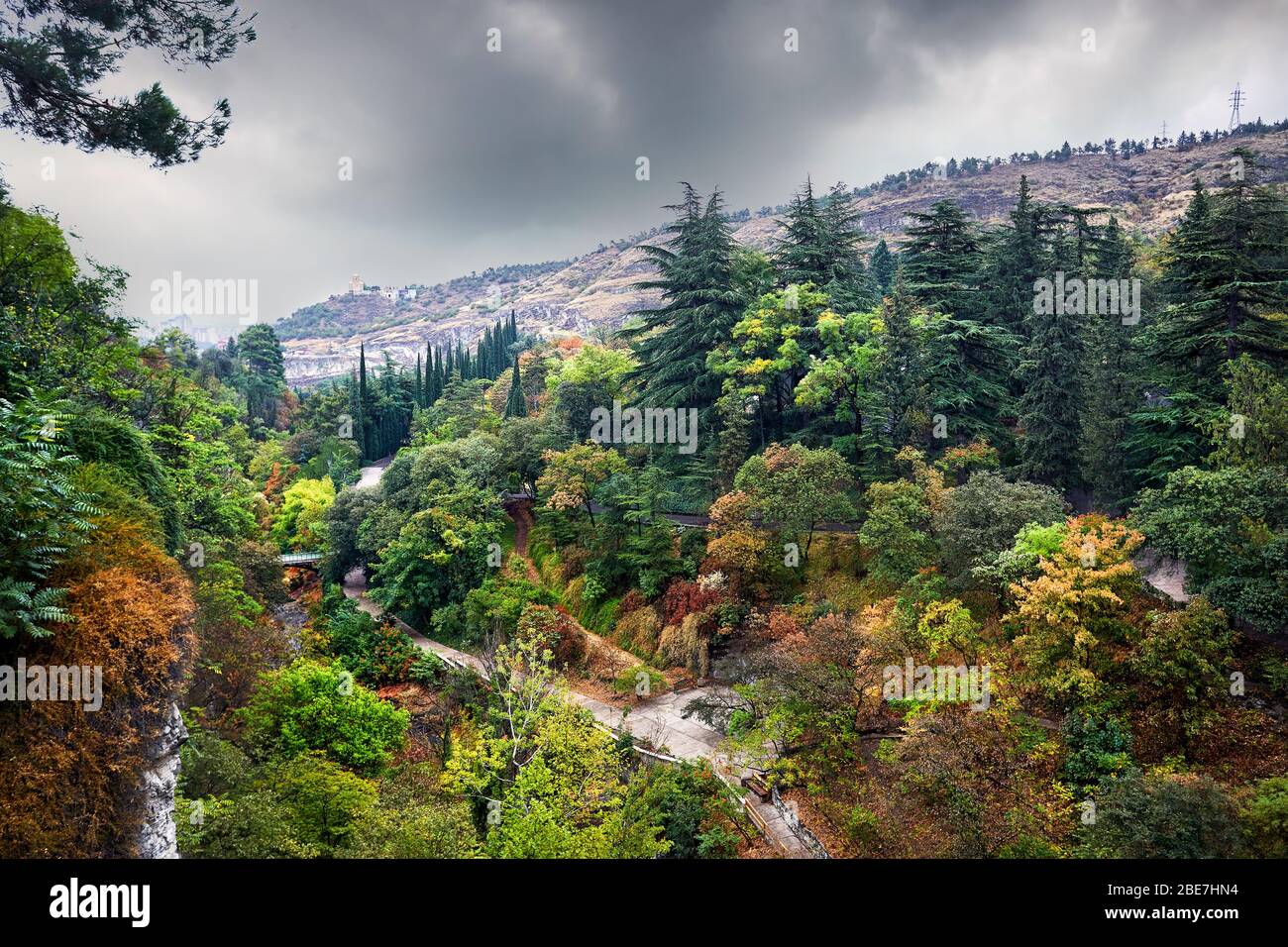 Vista aerea del Giardino Botanico con alberi d'autunno a nuvoloso cielo nuvoloso di Tbilisi, Georgia Foto Stock