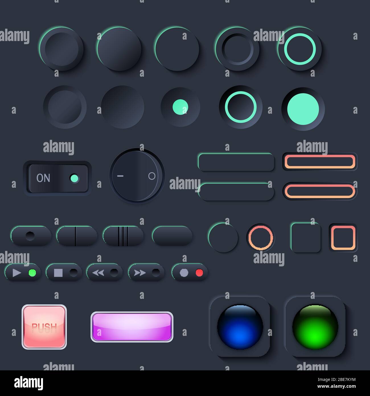 Pulsante interfaccia utente Newmorphic impostato in modo scuro Illustrazione Vettoriale