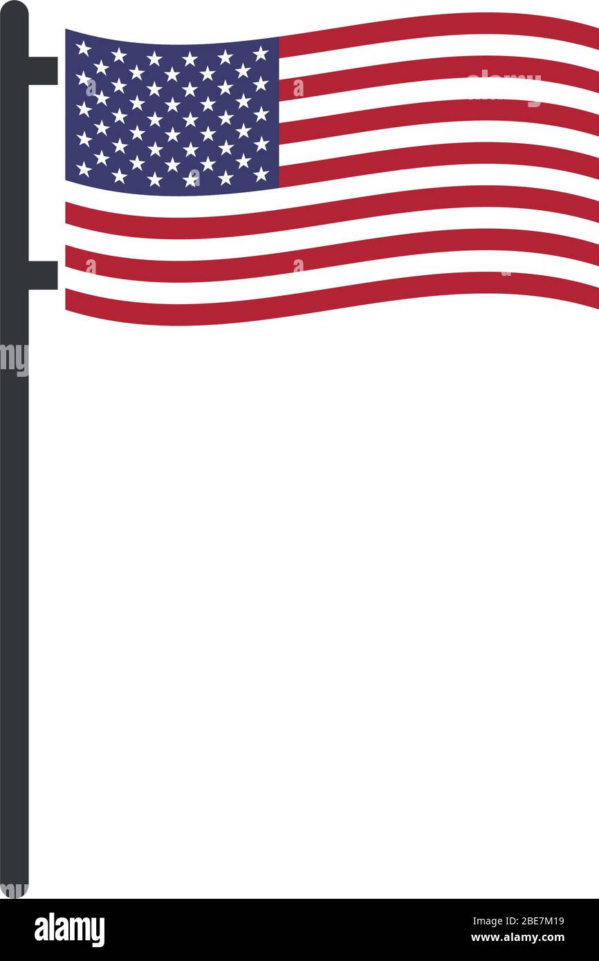 USA che sventola bandiera sul palo della bandiera. Festa del 4 luglio. Illustrazione vettoriale in stock isolata su sfondo bianco. Illustrazione Vettoriale