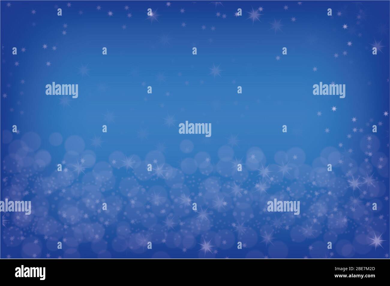 Sfondo blu di Natale con bokeh e stelle bianche. Effetti luce. Sfondo per cartolina. Auguri di Natale. Foto Stock