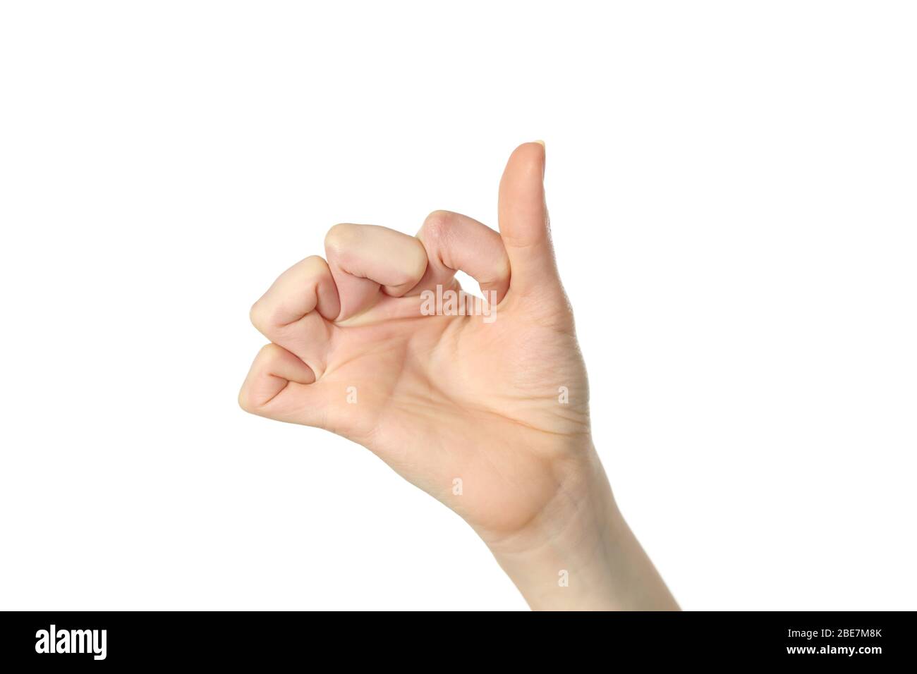 Primo piano di donna ipermobile mani piegando le dita isolato su bianco backgroud Foto Stock