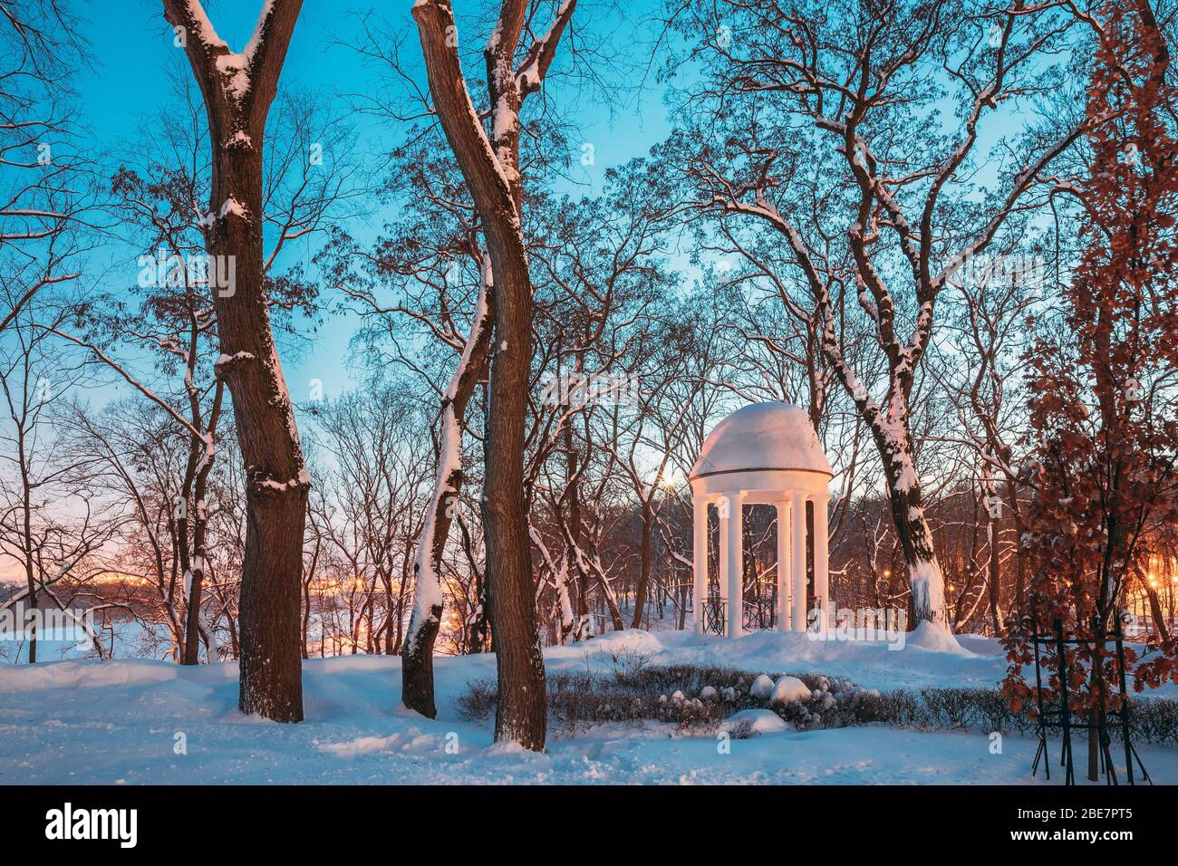 Gomel, Bielorussia. Il Parco della Città nella notte d'inverno. Gazebo nel parco. Giardino Pergola nella neve. Foto Stock