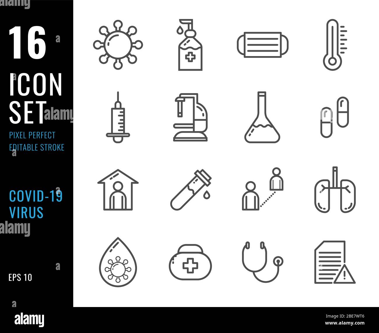 Set di icone di linea Coronavirus o covid-19. Contiene icone quali misure protettive, periodo di incubazione e altro ancora. Tratto modificabile. 64x64 pixel perfetto Illustrazione Vettoriale