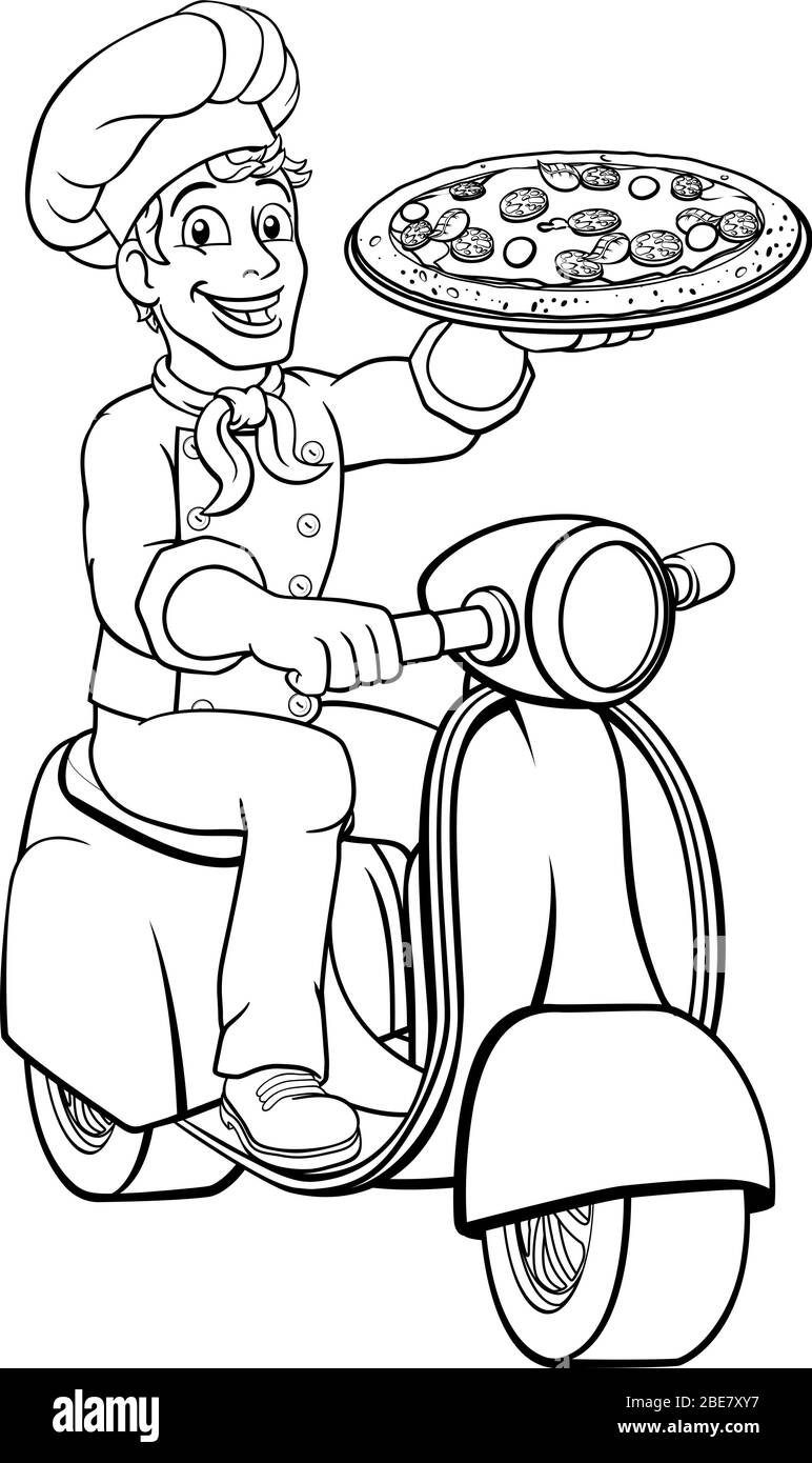 Consegna Pizza Chef ciclomotore Scooter Cartoon uomo Illustrazione Vettoriale