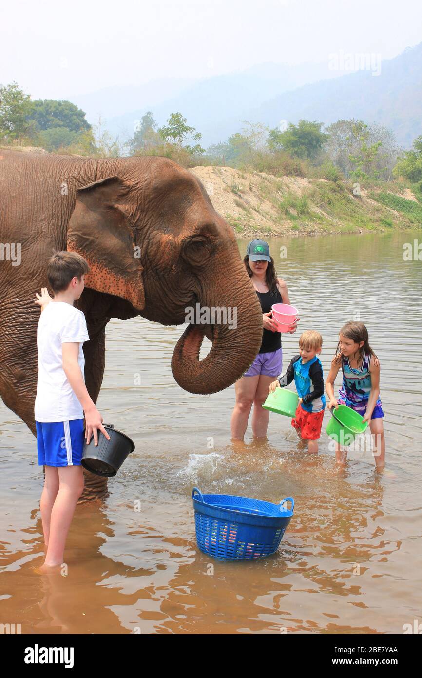 Bambini con elefante al Parco Naturale dell'Elefante, Thailandia Foto Stock
