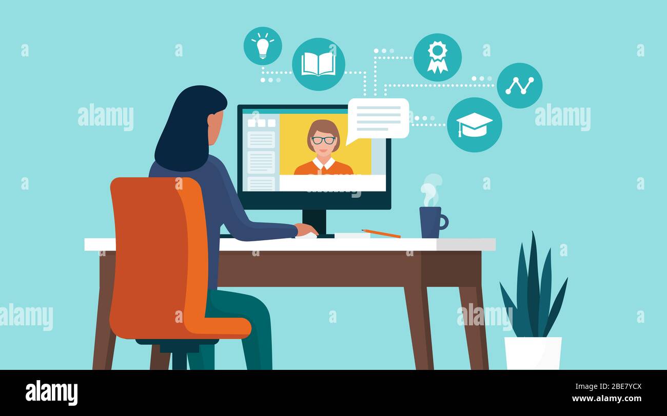 Donna che si connette con il suo computer a casa e seguendo corsi online, concetto di apprendimento a distanza Illustrazione Vettoriale