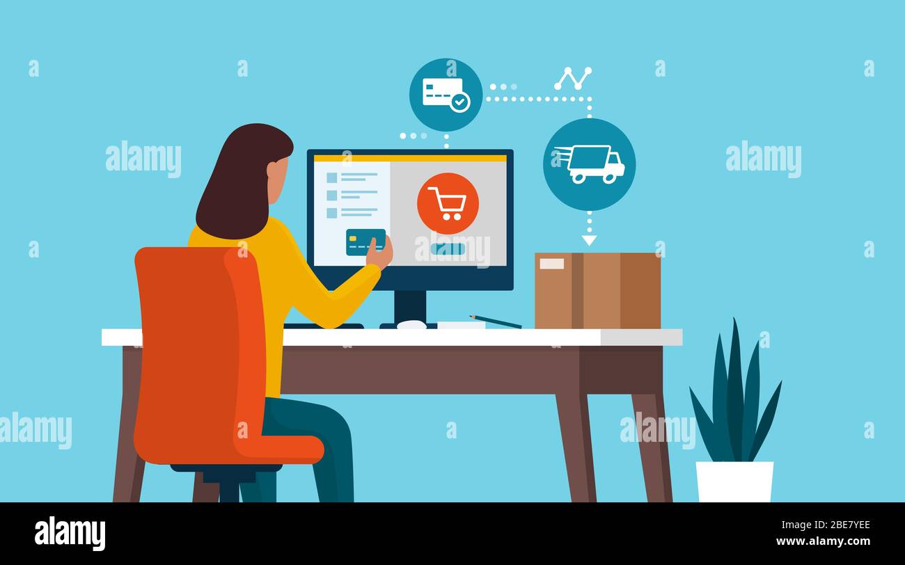 Donna che ordina i prodotti online e paga con una carta di credito, riceve una scatola di consegna sulla sua scrivania Illustrazione Vettoriale