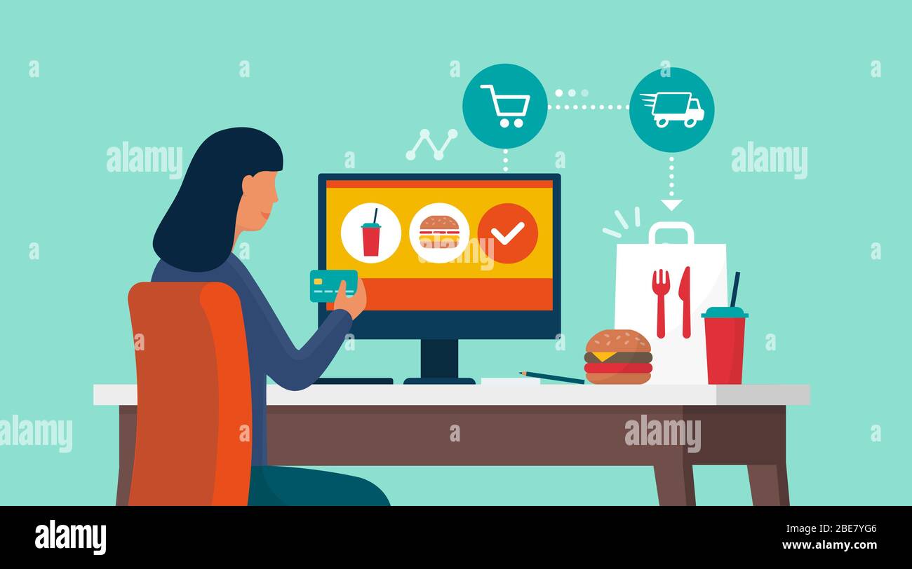 Donna che si collega con il suo computer a casa e che ordina fast food a casa, sta pagando con una carta di credito Illustrazione Vettoriale