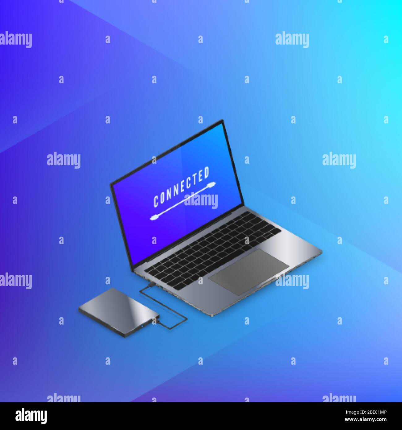 Unità disco rigido collegata al banner isometrico del notebook in blu. Background tecnologico. Illustrazione vettoriale Illustrazione Vettoriale