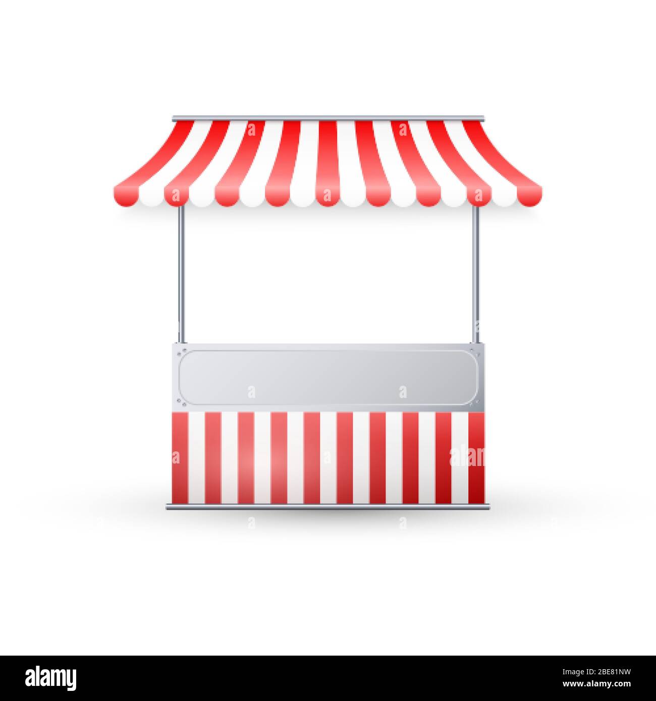 Stallo realistico del mercato vuoto con tenda a strisce rosse e bianche. Template Street trading, stand retail per prodotti alimentari. Illustrazione vettoriale Illustrazione Vettoriale