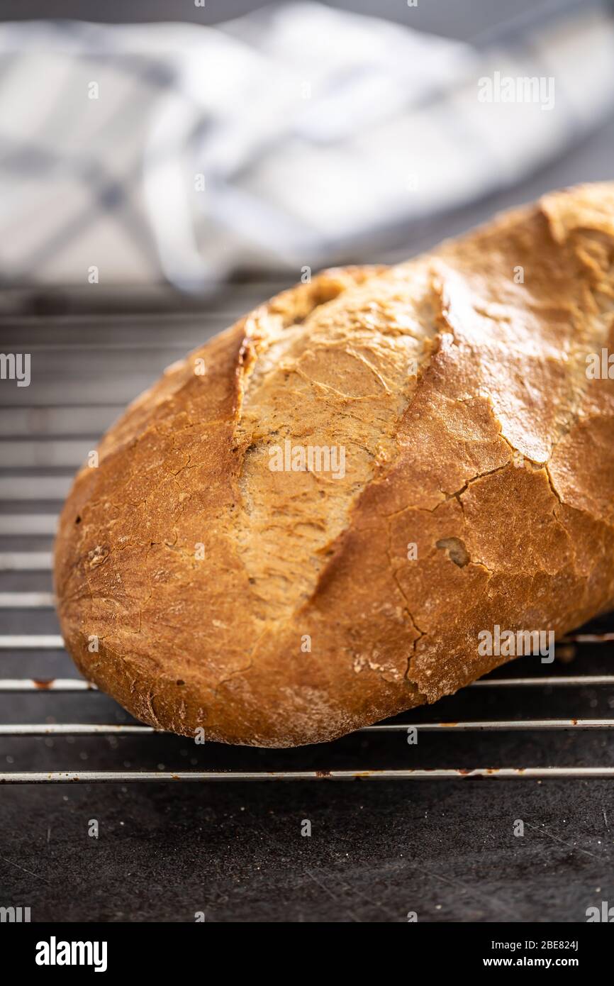Ritratto di un pane croccante posto su una griglia del forno con uno sfondo bianco asciugamano da primo piano. Foto Stock